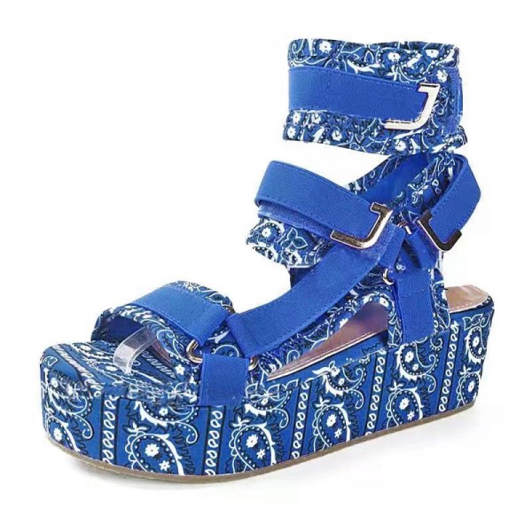 Women Fashion Bohemian Style Paisley Pattern Thick-soled Ankle Strap Sandals