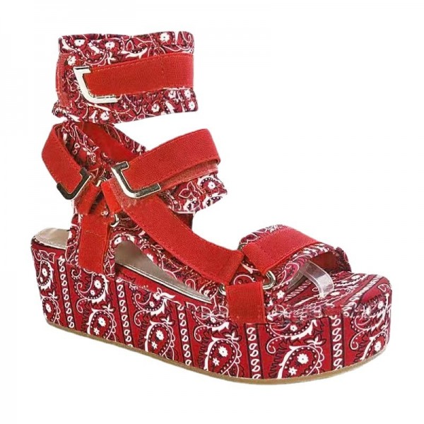 Women Fashion Bohemian Style Paisley Pattern Thick-soled Ankle Strap Sandals