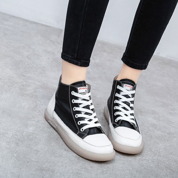 Size:4.5-9 Women Leisure Retro High Top Leather Flat Sneakers Shoes