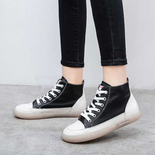 Size:4.5-9 Women Leisure Retro High Top Leather Flat Sneakers Shoes