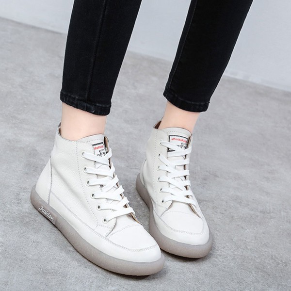 Size:4.5-9 Women Leisure Retro High Top Leather Flat Sneakers Shoes