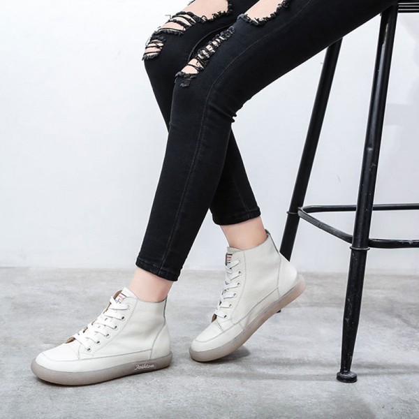 Size:4.5-9 Women Leisure Retro High Top Leather Flat Sneakers Shoes