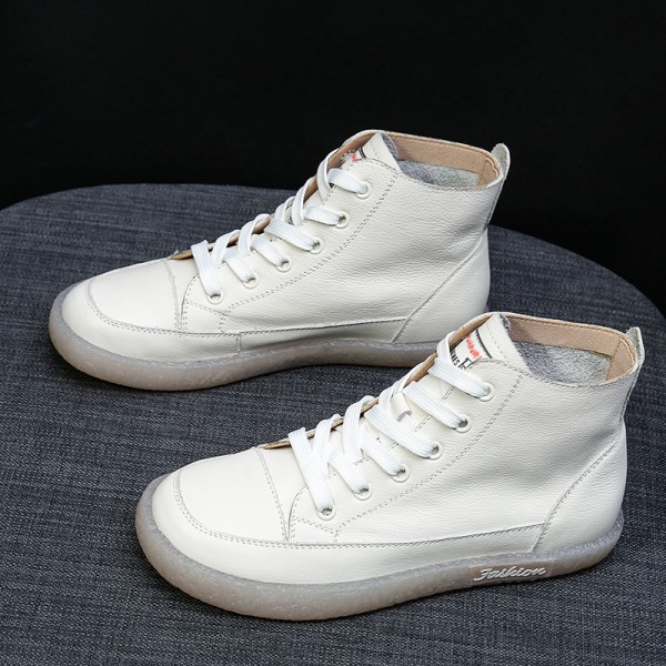 Size:4.5-9 Women Leisure Retro High Top Leather Flat Sneakers Shoes