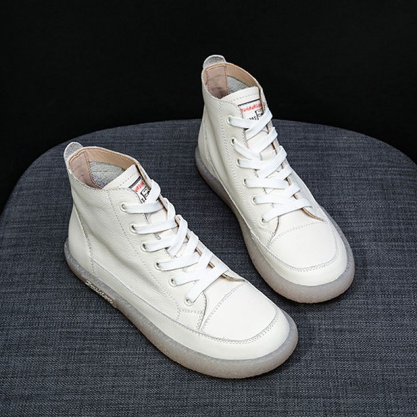 Size:4.5-9 Women Leisure Retro High Top Leather Flat Sneakers Shoes