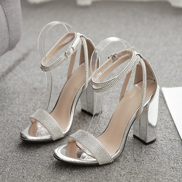 Size:4.5-10 Women Elegant Rhinestone Ankle Strap Pointed Toe Metallic Shiny Party Heels Sandals