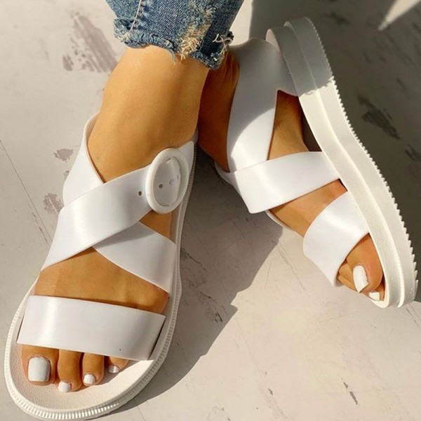 Size:5-8.5 Women Wide Jelly Band Flat Beach Sandals Shoes