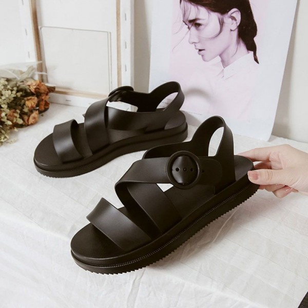 Size:5-8.5 Women Wide Jelly Band Flat Beach Sandals Shoes