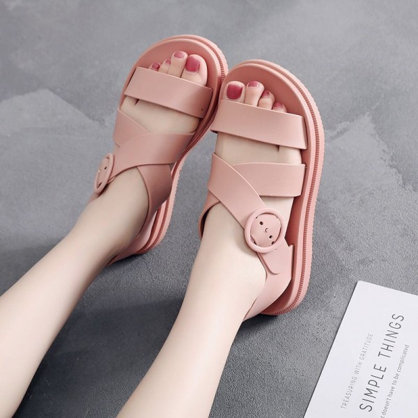 Size:5-8.5 Women Wide Jelly Band Flat Beach Sandals Shoes