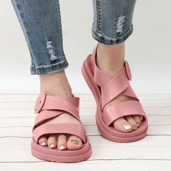 Size:5-8.5 Women Wide Jelly Band Flat Beach Sandals Shoes