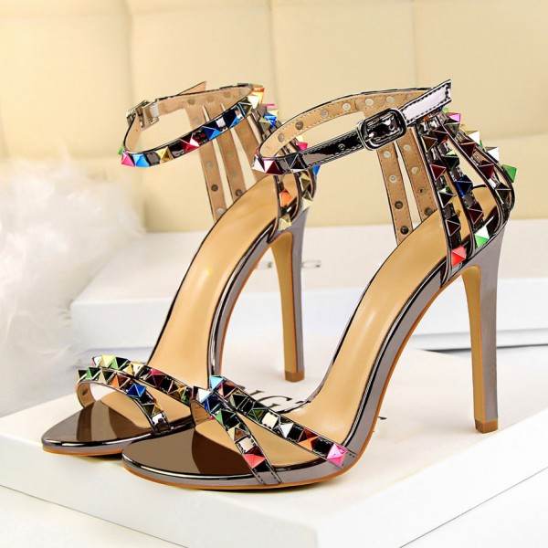 Fashion Women Sexy 11cm High Heels Rivets Studded Sandals Ankle Buckle Strap Stiletto Shoes