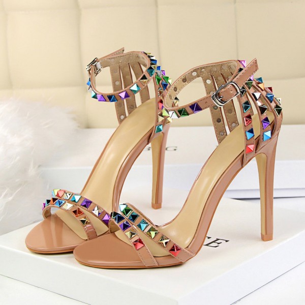 Fashion Women Sexy 11cm High Heels Rivets Studded Sandals Ankle Buckle Strap Stiletto Shoes