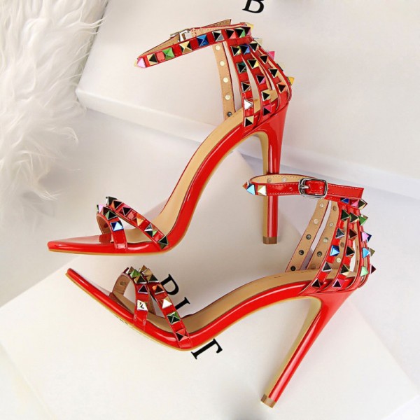 Fashion Women Sexy 11cm High Heels Rivets Studded Sandals Ankle Buckle Strap Stiletto Shoes