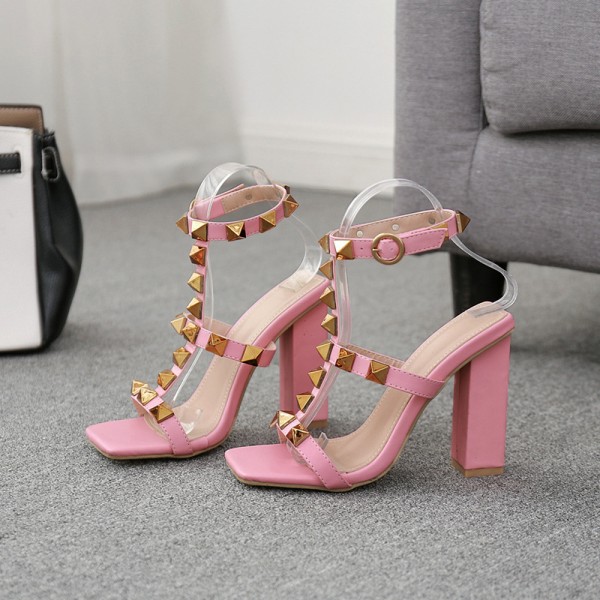 Women Sexy Thick Heel Square Toe Rivets Buckle Strap Open Toe Sandals