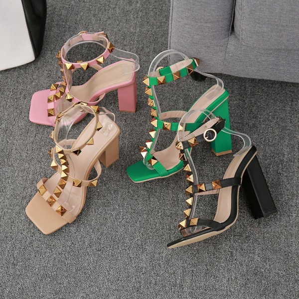 Women Sexy Thick Heel Square Toe Rivets Buckle Strap Open Toe Sandals