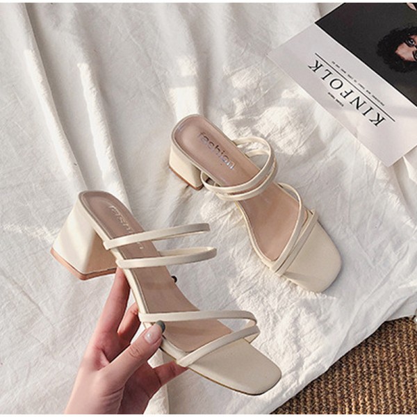 Women Elegant Summer Outside Cross Design Open Toe Square Heels Sandals