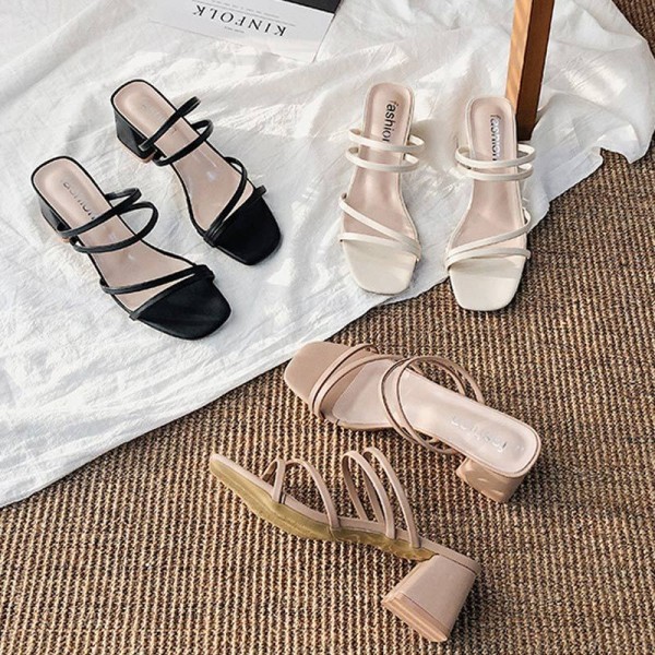 Women Elegant Summer Outside Cross Design Open Toe Square Heels Sandals