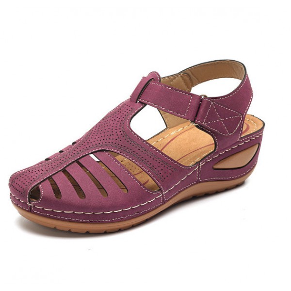 Women Vintage Hollow Design Round Toe Velcro Wedge Sandals