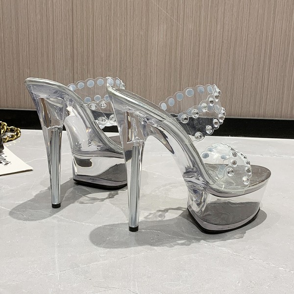 Women Fashion Sexy Rhinestone Decorative Transparent Platform Design Stiletto Sandals