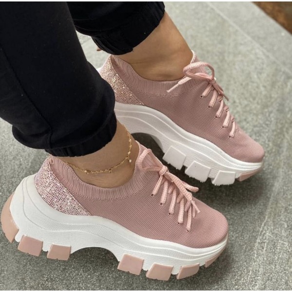 Wedge Heel Flying Woven Colorblock Lace-Up Sneakers Large Size Casual Low Top Women Shoes