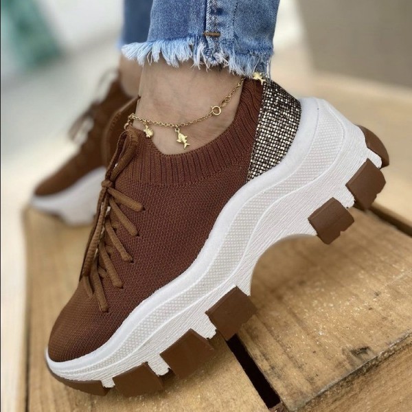 Wedge Heel Flying Woven Colorblock Lace-Up Sneakers Large Size Casual Low Top Women Shoes