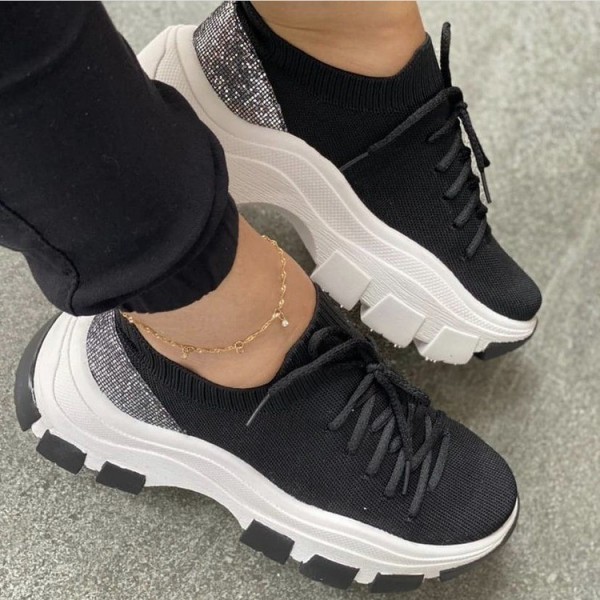 Wedge Heel Flying Woven Colorblock Lace-Up Sneakers Large Size Casual Low Top Women Shoes