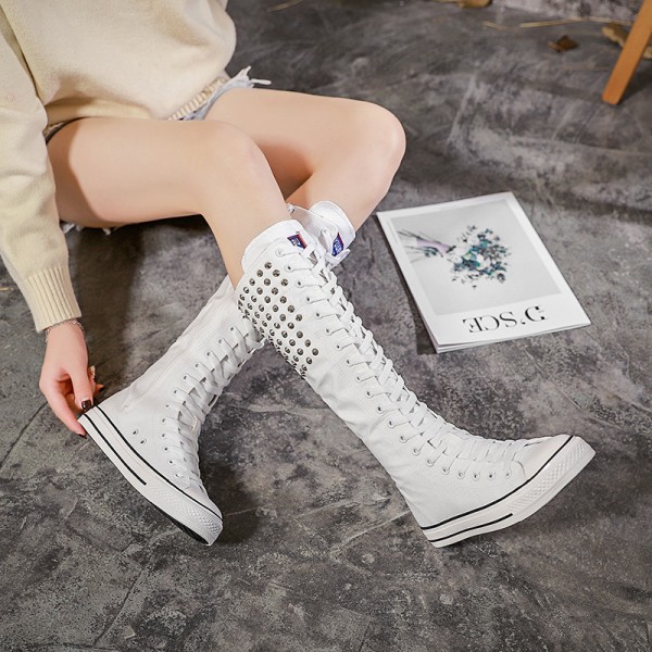 Women Fashion Rivet Decor Side Zipper Canvas High ...