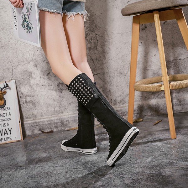 Women Fashion Rivet Decor Side Zipper Canvas High Boots