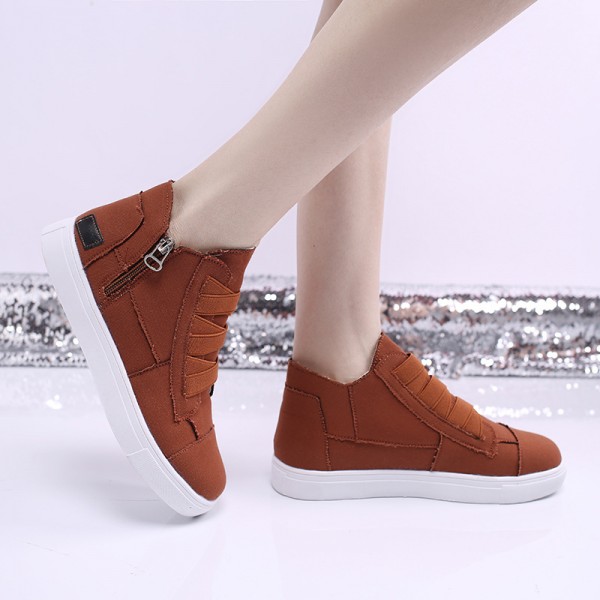 Women Fashion Round Toe Mid-Top Canvas Raw Edge Elastic Sneakers