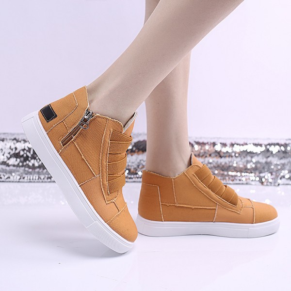 Women Fashion Round Toe Mid-Top Canvas Raw Edge Elastic Sneakers