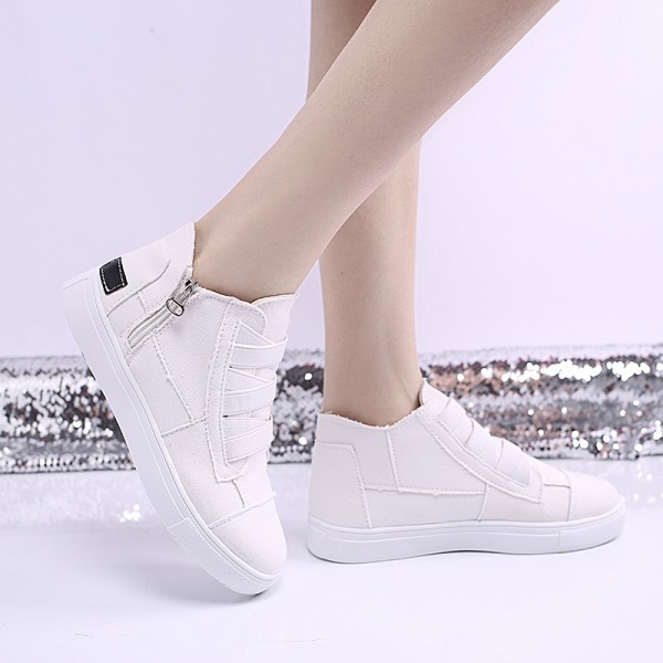 Women Fashion Round Toe Mid-Top Canvas Raw Edge Elastic Sneakers