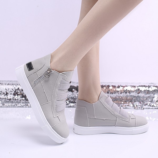 Women Fashion Round Toe Mid-Top Canvas Raw Edge Elastic Sneakers