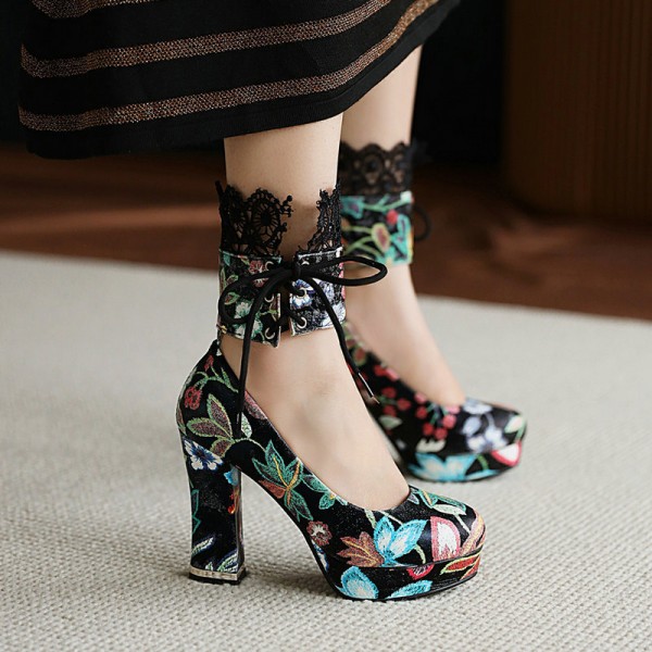 Women'S Fashion Fashionable Lace Ankle Lace Thick High Heels Plus Size