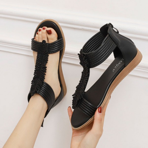 Women Fashion Minimalist Casual Vacation Boho Solid Color Zipper Sandals