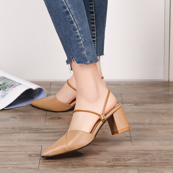 Women Fashion Sexy PU Solid Color Pointed Toe Chunky Heel Slippers