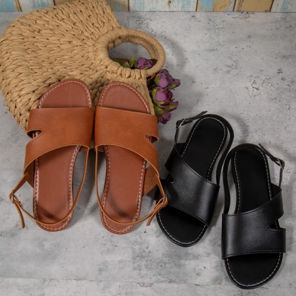 Women Fashion Plus Size Solid Color Round Toe One-Toe Buckle Flat PU Sandals