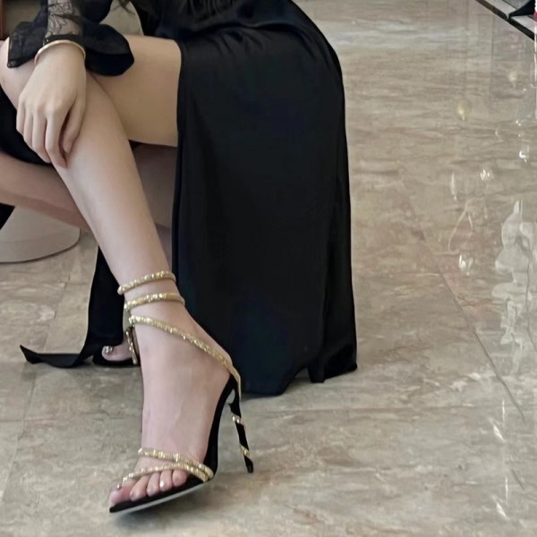 Women Fashion Sexy Rhinestone Strap Round Toe Stiletto Heel Sandals