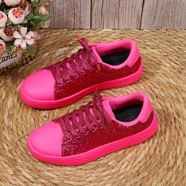 Fashion Casual Women Low-Top Lace-Up Flat Thick-Soled Shiny Glitter Sequin Pu Sneakers