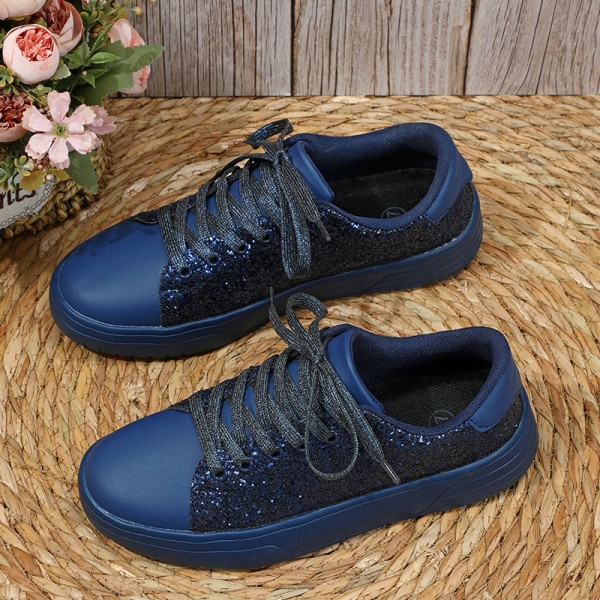 Fashion Casual Women Low-Top Lace-Up Flat Thick-Soled Shiny Glitter Sequin Pu Sneakers