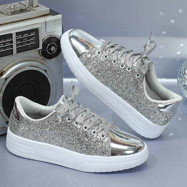 Fashion Casual Women Low-Top Lace-Up Flat Thick-Soled Shiny Glitter Sequin Pu Sneakers