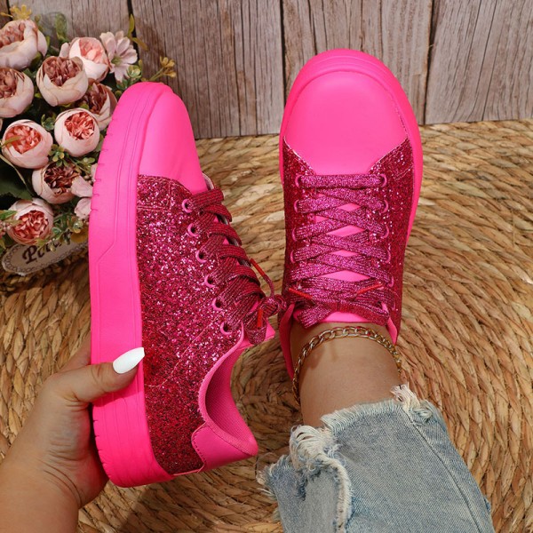 Fashion Casual Women Low-Top Lace-Up Flat Thick-Soled Shiny Glitter Sequin Pu Sneakers