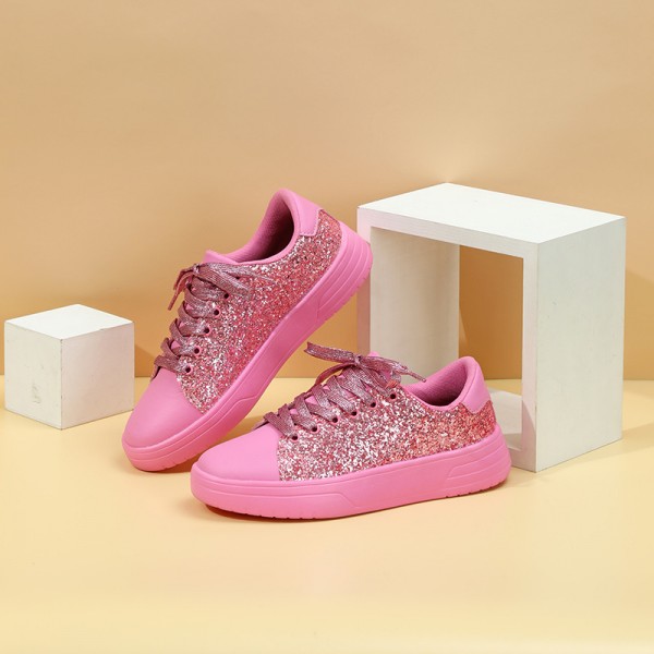 Fashion Casual Women Low-Top Lace-Up Flat Thick-Soled Shiny Glitter Sequin Pu Sneakers