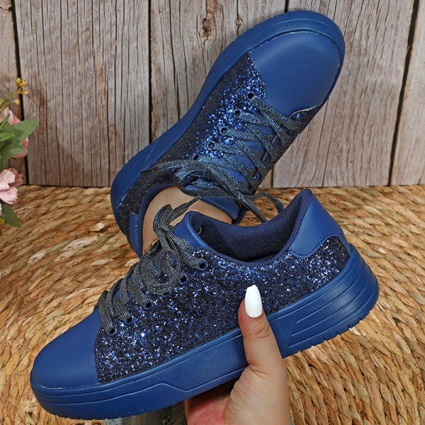 Fashion Casual Women Low-Top Lace-Up Flat Thick-Soled Shiny Glitter Sequin Pu Sneakers