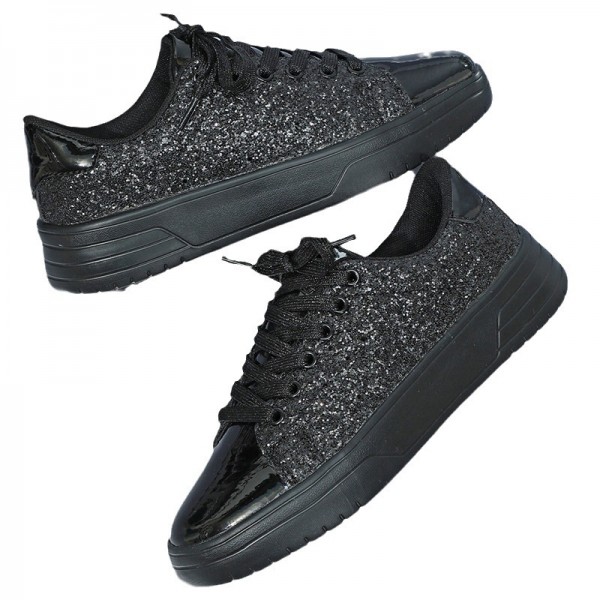 Fashion Casual Women Low-Top Lace-Up Flat Thick-Soled Shiny Glitter Sequin Pu Sneakers