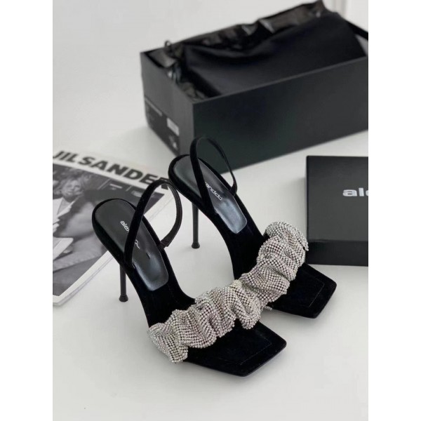 Women Fashion Sexy Plus Size Creased Rhinestone Square Toe Heeled Sandals