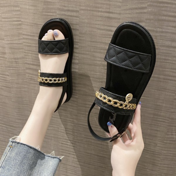 Summer Women Casual Metal Chain Round Toe Thick-Soled Sandals