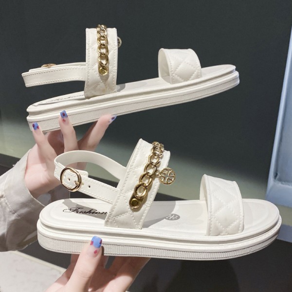 Summer Women Casual Metal Chain Round Toe Thick-Soled Sandals