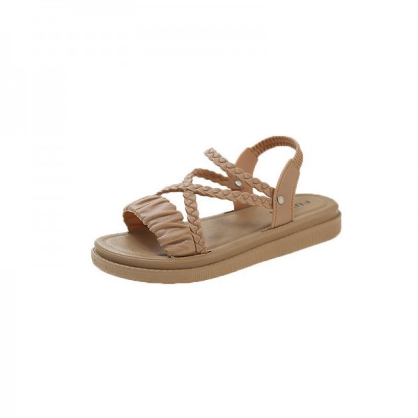 Sandals Summer Women Solid Color Plus Size Cross Strap Woven Round Toe Thick-Soled Sandals