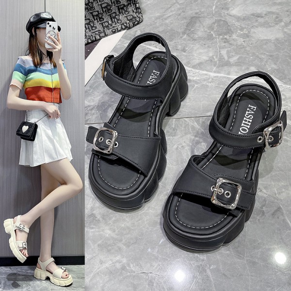 Summer Women Fashion Belt Buckle Round Toe Thick-Soled Sandals