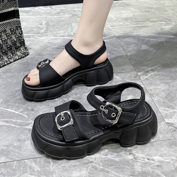 Summer Women Fashion Belt Buckle Round Toe Thick-Soled Sandals