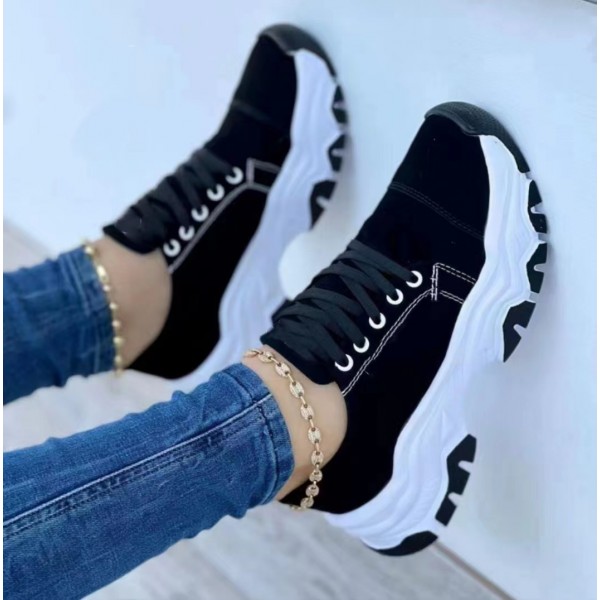 Women Casual Plus Size Solid Color Round Toe Lace-Up Thick-Soled Sneaker